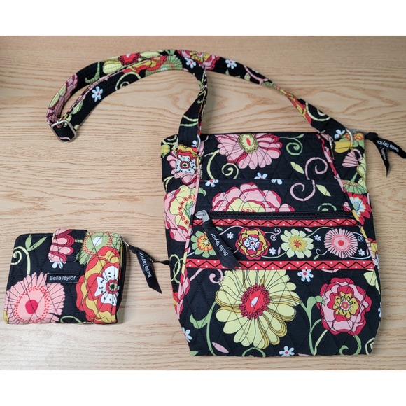 Bella Taylor Handbags - Bella Taylor Quilted Fabric Black Floral Crossbody Shoulder Bag & Wallet Set Lot